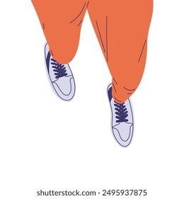 Vector illustration showing human legs close up from above. The character's legs are wearing orange pants and sneakers, which are perfect for the sporty skateboard design. Flat style.