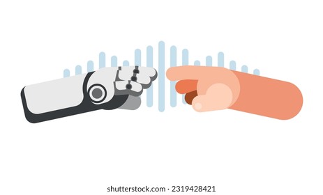 Vektorgrafik, die Menschen und Roboterhände zeigt, die sich gegenseitig erreichen. Der Roboter und die Person halten ihre Hände aus.