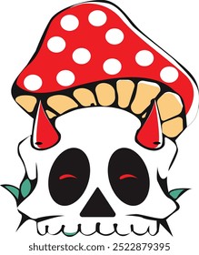 Vector illustration showing a human skull with a mushroom on an isolated background. Perfect for Halloween or witchcraft themed designs.