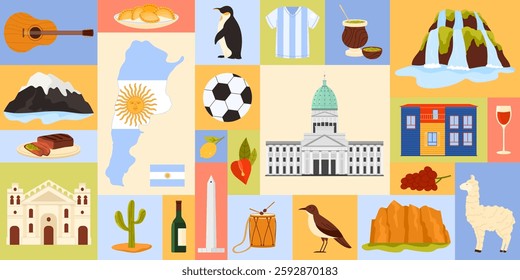 Vector illustration showing iconic symbols of Argentina, including landmarks, foods, and traditional elements. Reflects Argentina cultural richness.