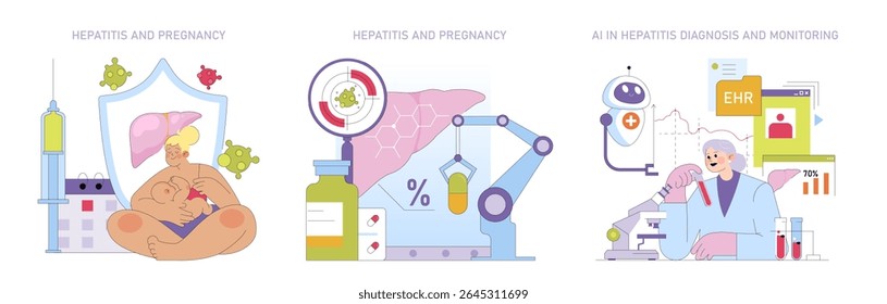 Vector illustration showing the impact of hepatitis on pregnancy, including a mother holding a baby, medical tools, liver imagery, and AI technology for monitoring. Highlights healthcare challenges.