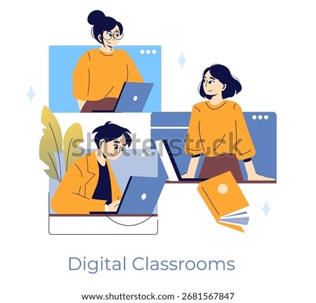 Vector illustration showing individuals participating in a digital classroom setting, engaging with each other via laptops. Represents online education and remote learning communication.