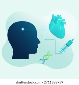 Vector illustration showing the interconnectedness of brain, heart, genetics, and medical intervention in a scientific or healthcare context.