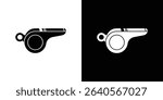 Vector illustration showing isolated whistle icons on inverted backgrounds. One side displays a black whistle on white, the other, a white whistle on black.