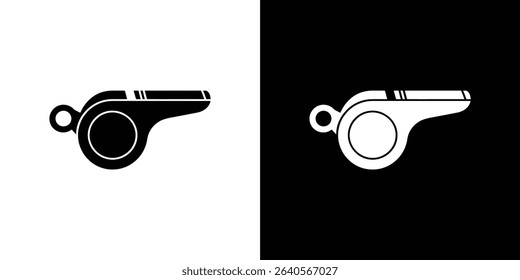 Vector illustration showing isolated whistle icons on inverted backgrounds. One side displays a black whistle on white, the other, a white whistle on black.