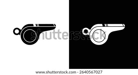 Vector illustration showing isolated whistle icons on inverted backgrounds. One side displays a black whistle on white, the other, a white whistle on black.