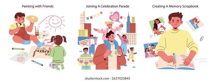 Vector illustration showing kids painting together, participating in a celebration parade, and creating a memory scrapbook. Captures joyful expressions and diverse activities.