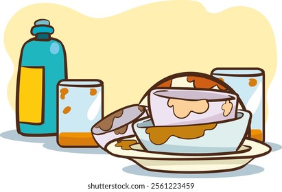 Vector Illustration Showing a Kitchen Counter Full of Dirty Dishes