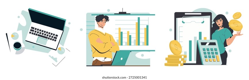 Vector illustration showing laptop with charts, a confident person analyzing financial data, and another evaluating earnings with calculator and coins, representing business growth and strategy.