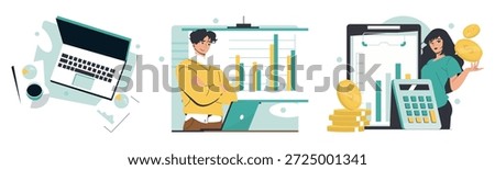 Vector illustration showing laptop with charts, a confident person analyzing financial data, and another evaluating earnings with calculator and coins, representing business growth and strategy.