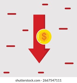 Una Ilustración vectorial que muestra una Grande flecha roja apuntando hacia abajo, que simboliza una disminución, pérdida o recesión económica. Una moneda de oro con un signo de dólar se coloca cerca de la punta de la flecha.