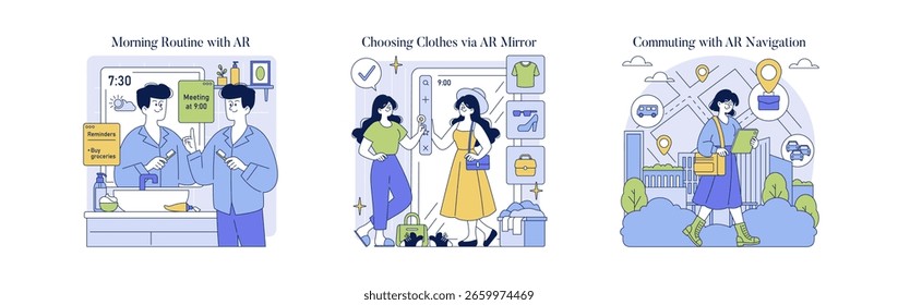 Vector illustration showing a man interacting with AR for reminders, a woman selecting outfits via AR mirror, and a woman commuting using AR navigation on a device.