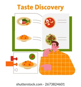 Ilustración vectorial que muestra a un hombre examinando cuidadosamente las recetas en un libro de cocina abierto. Varios platos se muestran en la página con la palabra "Taste Discovery" arriba, lo que sugiere una exploración culinaria.