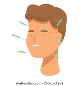 Vektorillustration, die das Gesicht eines Mannes während einer Akupunktursitzung mit sorgfältig platzierten Nadeln zeigt