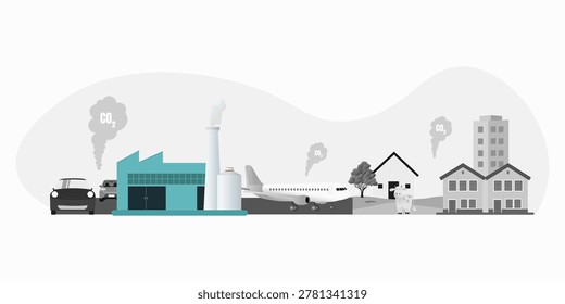 Vector illustration showing maximum pollution generated by transport, manufacturing, aviation, livestock and housing sectors. Environmental concept representing high CO2 emissions, contamination and climate impact from human activity.