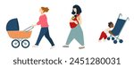 Vector illustration showing modern mothers with strollers, capturing moments of parenting in a minimalist style, isolated on white.