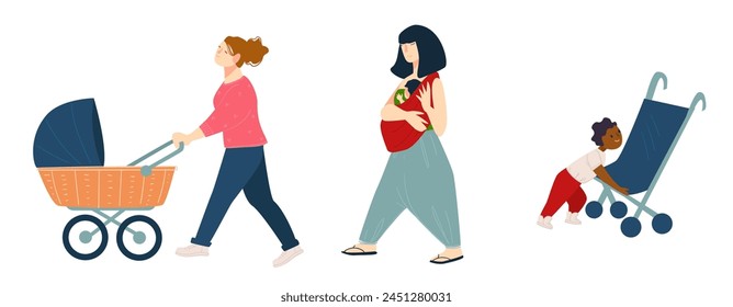 Vector illustration showing modern mothers with strollers, capturing moments of parenting in a minimalist style, isolated on white.