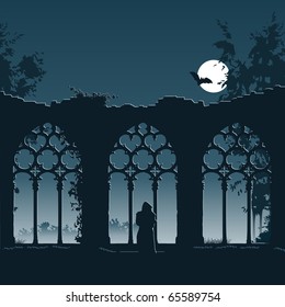 vector Illustration showing a monk entering the ruins of an old gothic abbey at night