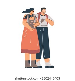 A vector illustration showing a mother with a baby in a sling and a father hugging her shoulders on a white background. Ideal for parenting manuals.