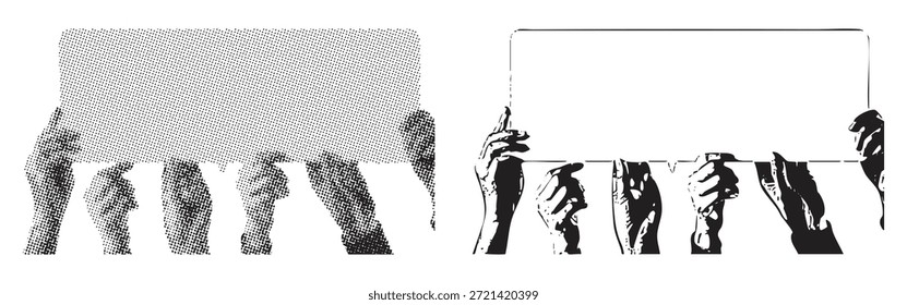 Uma ilustração vetorial mostrando várias mãos segurando uma caixa de citação em branco para mensagens ou ideias. Ideal para temas de comunicação e anúncios.