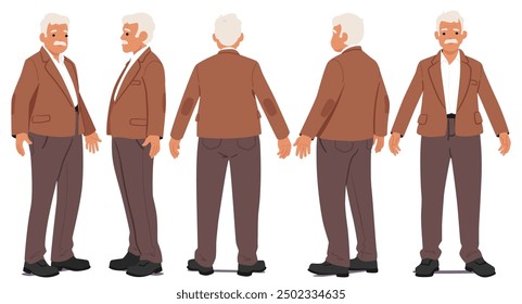 Vector Illustration Showing Multiple Views Of An Elderly Man In A Brown Suit. Cartoon Character Is Depicted From The Front, Back, And Side Profiles, For Animation, Storytelling, And Design Inspiration