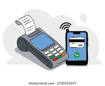 Ilustração vetorial mostrando pagamento móvel NFC com cartão de crédito e smartphone ideal para fintech, varejo, comércio eletrônico, banco e arte da aplicação de pagamento