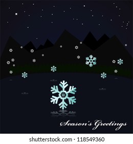 Vector illustration showing a night scene near some mountains, with snow falling and reflected on the still surface of a lake