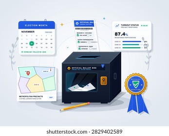 Vector illustration showing an official ballot box with a ballot, election calendar, precinct map, turnout statistics, and certification badge