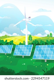 Vector illustration showing an open field with wind turbines and solar panels. Illustration of a summer landscape of a beautiful place outside the city. Conveys the idea of clean energy technologies. 