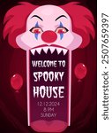 A vector illustration showing an open mouth of a creepy clown as an entrance to a horror house. This design is perfect for a carnival flyer with space for text and date. Flat style.