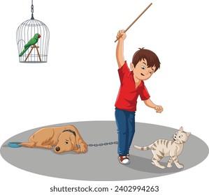 Vector illustration showing a parrot in cage, a chained dog and a boy hitting a cat