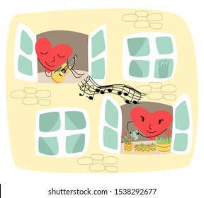 Vector illustration showing part of wall of house where in one window is lively heart that plays guitar, in another window is heart that waters flowers and listens to music. Concept of Valentine s Day