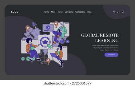 Vector illustration showing people engaged in remote learning. Characters sit with laptops and tablets, emphasizing global connectivity and online education. Ideal for e-learning themes.
