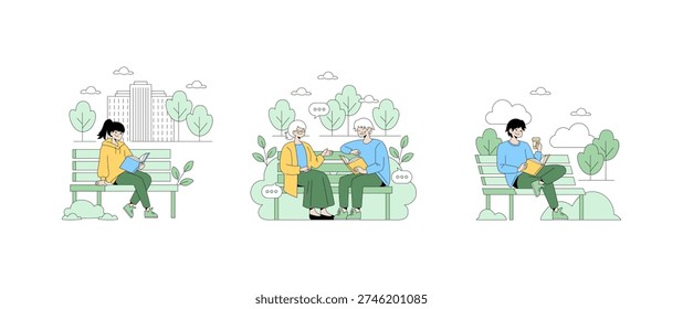 Vector illustration showing people engaging in casual outdoor activities. Individuals of various ages are reading and conversing on benches in a serene park setting, enjoying leisure time.