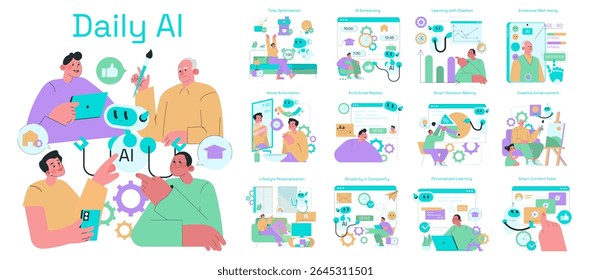 Vector illustration showing people interacting with AI in everyday activities. Highlights AI roles in scheduling, smart decisions, automation, and creative enhancements.