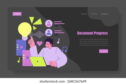 Vector illustration showing a person engaging with digital content on a laptop, accompanied by icons representing data analysis and progress metrics. The illustration depicts modern web interface