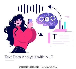 Ilustración vectorial que muestra a una persona involucrada con el análisis de datos de texto impulsado por IA utilizando un teléfono inteligente. La Imagen destaca los conceptos de procesamiento del lenguaje natural que involucran IA y tecnología.