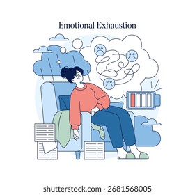 Vector illustration showing a person experiencing emotional exhaustion. The image includes symbols like a low battery and clouds, indicating stress and fatigue, with papers scattered around.