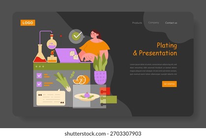 Vektorgrafik, die eine Person zeigt, die kulinarische Verkleidung und Präsentation auf einem Laptop erforscht. Zu den Elementen gehören eine Laboreinrichtung, Gemüse und eine digitale Schnittstelle, die Wissenschaft und Kochen zusammenführt.