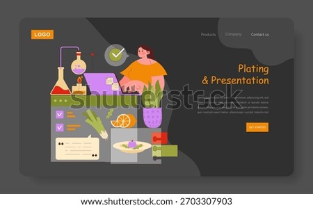 Vector illustration showing a person exploring culinary plating and presentation on a laptop. Elements include a lab setup, vegetables, and a digital interface, merging science and cooking.