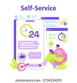 Vector illustration showing a person interacting with a self-service digital platform. Features include 24-hour support, messaging, and analytics. Designed for efficient user engagement.