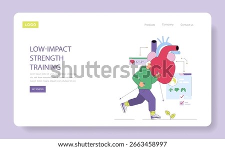 Vector illustration showing a person jogging for low-impact strength training. The image highlights heart health and exercise benefits, incorporating medical graphics and health symbols.