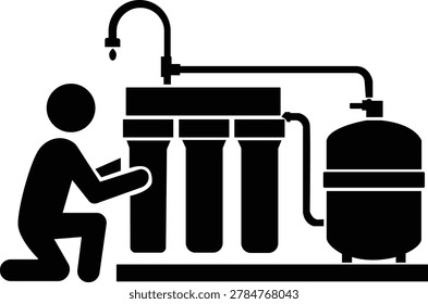 Vector illustration showing a person maintaining a reverse osmosis water filtration system with storage tank and faucet. Ideal for clean water, plumbing, filtration maintenance, purification technology, and household appliance concepts.