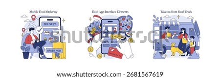 Vector illustration showing a person ordering food via a mobile app, navigating digital interface elements, and picking up takeout at a food truck with family and dog.