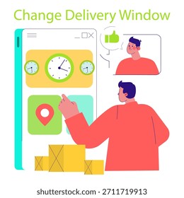 Ilustración vectorial que muestra a una persona seleccionando una nueva ventana de entrega en una interfaz digital. La Imagen incluye cajas de paquetes, relojes y un individuo feliz con el pulgar hacia arriba.