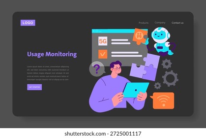 Ilustração vetorial mostrando uma pessoa usando uma mesa digitalizadora para monitorar os dados de uso. Um robô alegre auxilia, com ícones representando tecnologia, engrenagens e conectividade melhorando o tema.