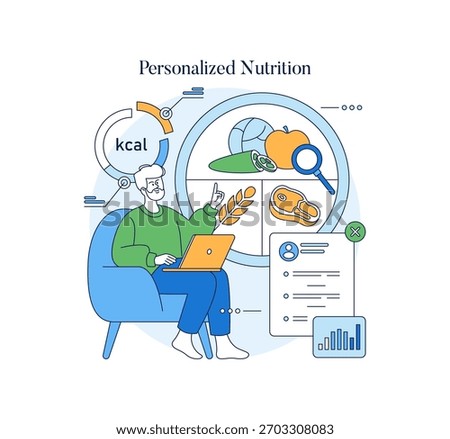 Vector illustration showing a person using a laptop to track personalized nutrition. Surrounding elements include various foods, a kcal symbol, and analytical charts for a comprehensive view.