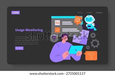 Vector illustration showing a person using a tablet for monitoring usage data. A cheerful robot assists, with icons representing technology, gears, and connectivity enhancing the theme.