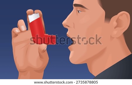 A vector illustration showing a person using a metered-dose inhaler (MDI) to administer medication for asthma or respiratory conditions. The image emphasizes proper inhaler use, deep inhalation, and health management for lung care.