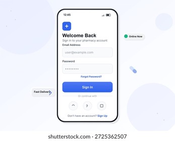 A vector illustration showing a pharmacy app login screen. Users can enter their email and password to sign in. Options for password recovery and account creation are visible.